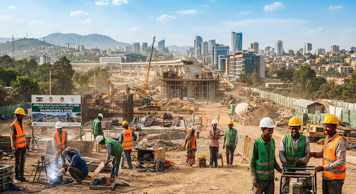 Construction workers at a major infrastructure site in Addis Ababa